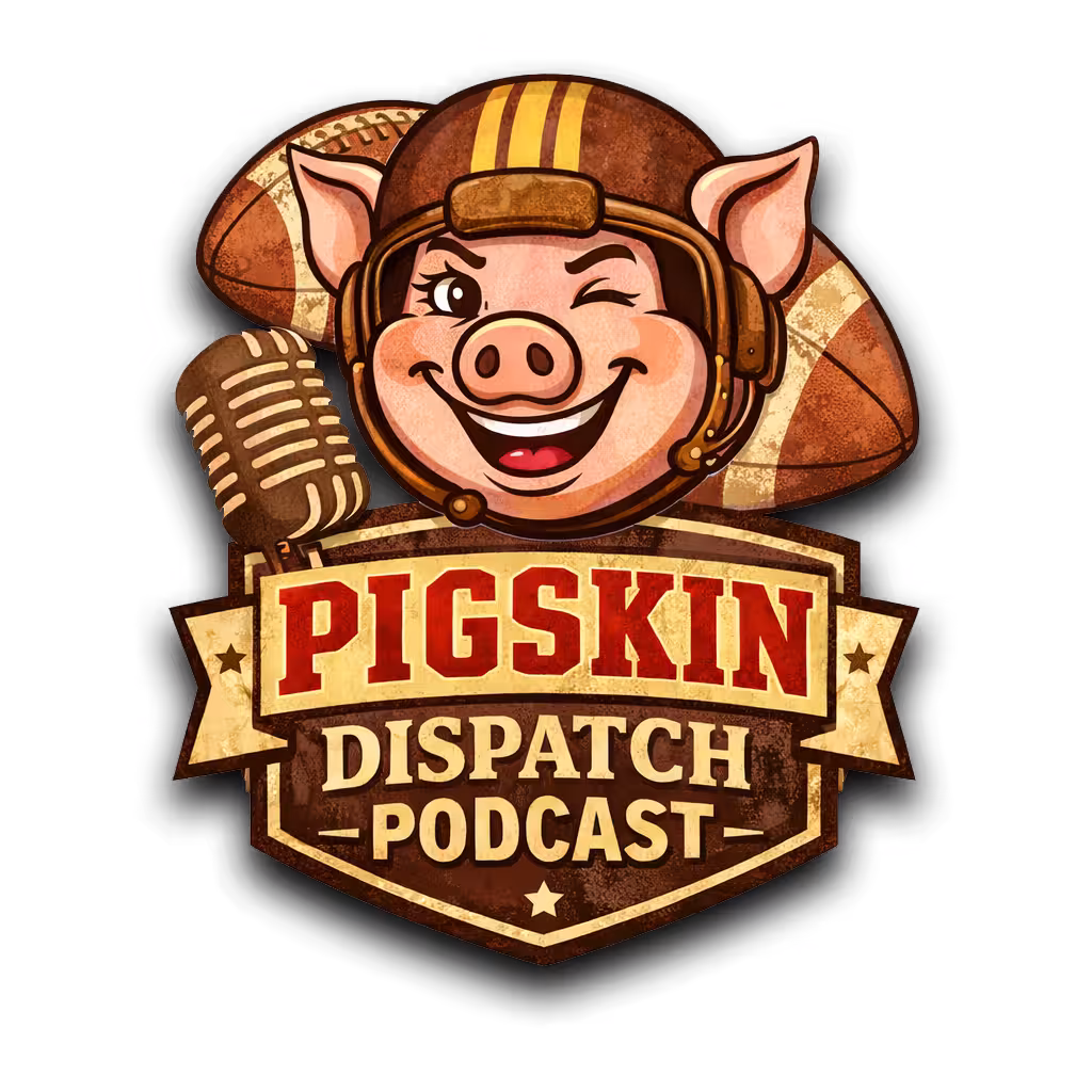 Color cartoonish image logo for the Pigskin Dispatch Podcast with a fotball clad winking swine , a mic, and some footballs
