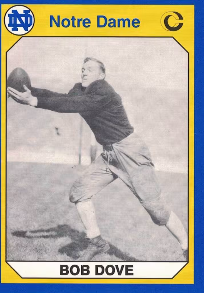 A posing Bob Dove of ND on a football card from the 1990 Collegiate Collection Notre Dame series