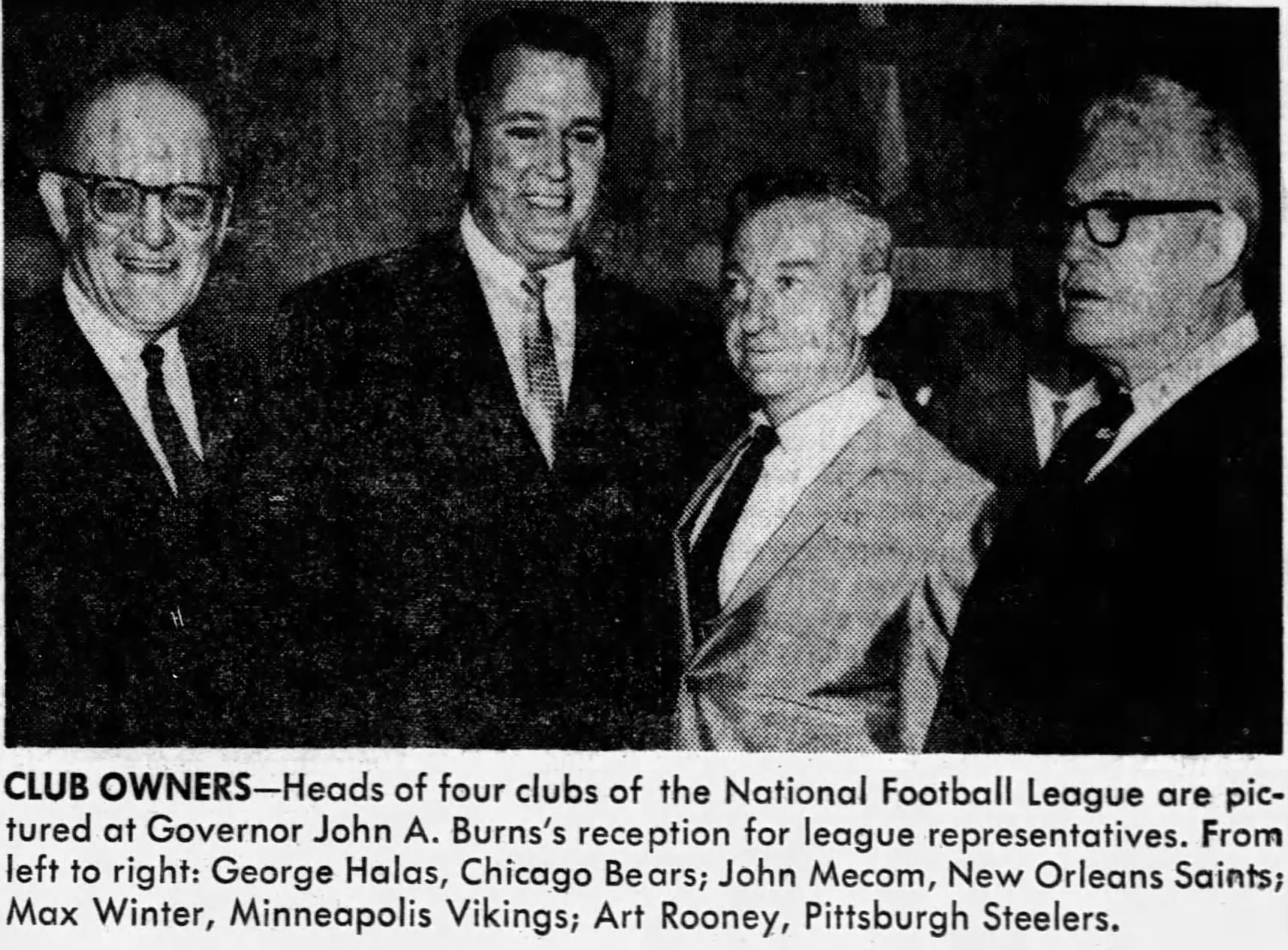 four NFL owners in a black and white newspaper image: George Halas, John Mecom, Max Winter, and Art Rooney