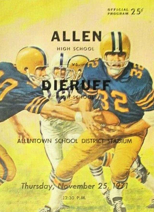 colorful watercolor image of a 1970s gridiron players running a handoff play on a gold back drop for the 1971 Allen - Dieruff Football Program
