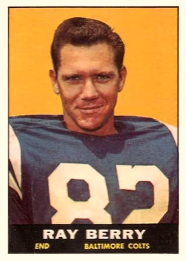 1961 Tops football card of Raymond Berry wearing his number 82 Colts jersey in a head shot