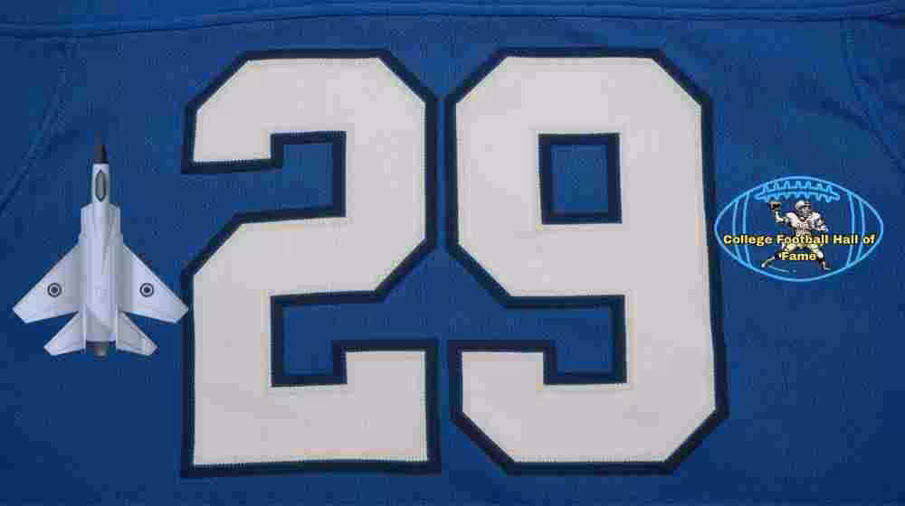 Image of a light blue with white numerals AF football Jersey number 29 rendering with PD College football HOF emblem.