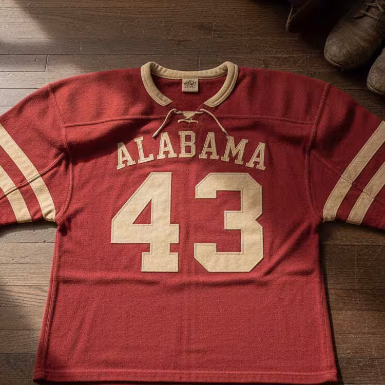 Image of a red Alabama football Jersey number 43 with a set of football cleats.