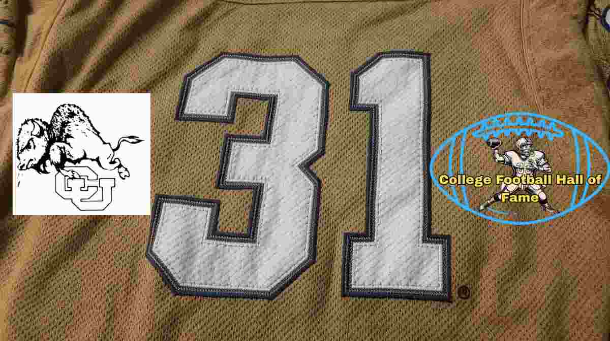 Image of a gold with white numerals Colorado Buffalo football Jersey number 31 rendering with PD College football HOF emblem.