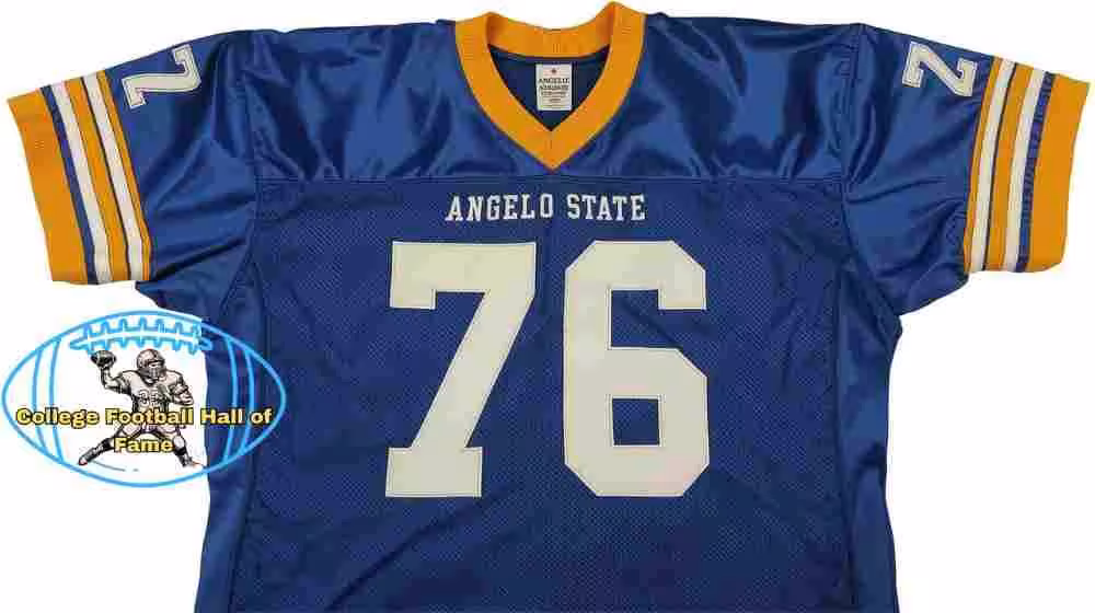 Image of a blue with white numerals Angelo State football Jersey number 76 rendering with PD College football HOF emblem.
