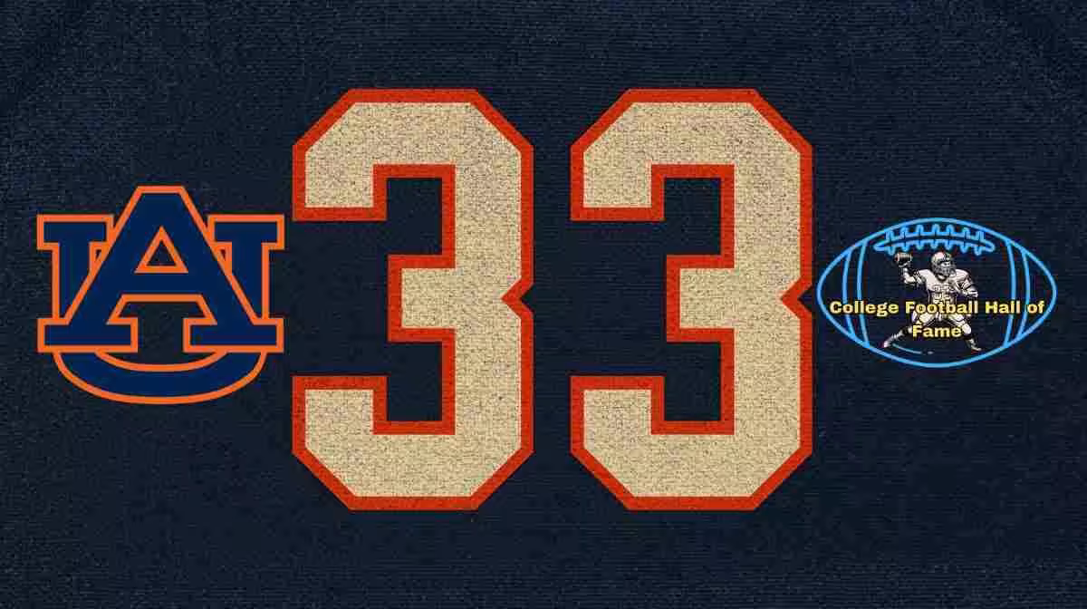 Image of a blue with white numerals Auburn football Jersey number 33 rendering with PD College football HOF emblem.