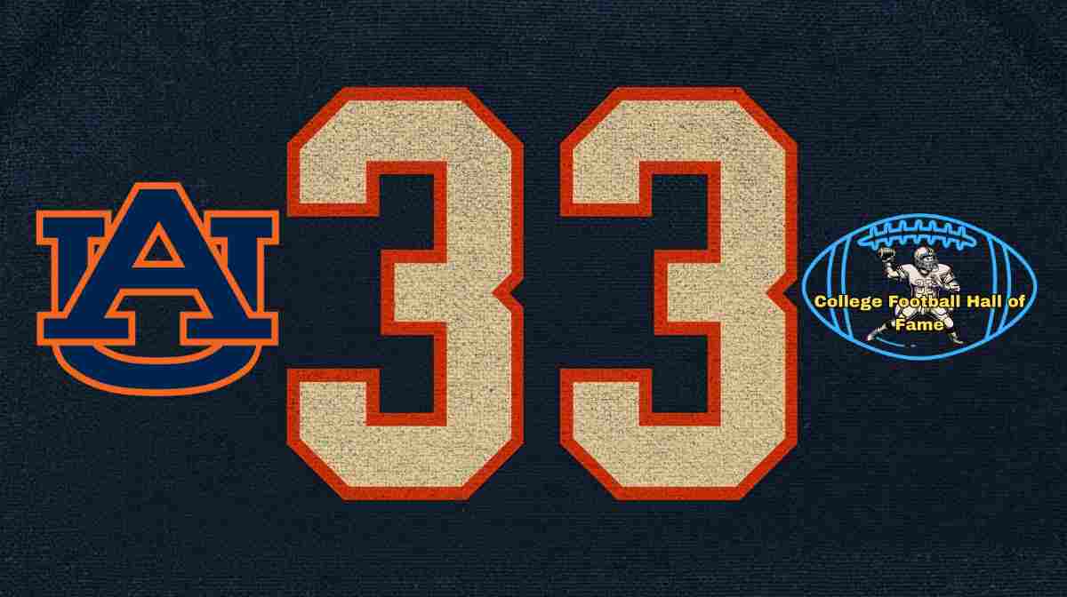 Image of a blue with white numerals Auburn football Jersey number 33 rendering with PD College football HOF emblem.