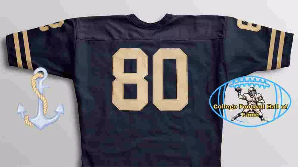 Image of a blue with white numerals Navy football Jersey number 80 rendering with PD College football HOF emblem.