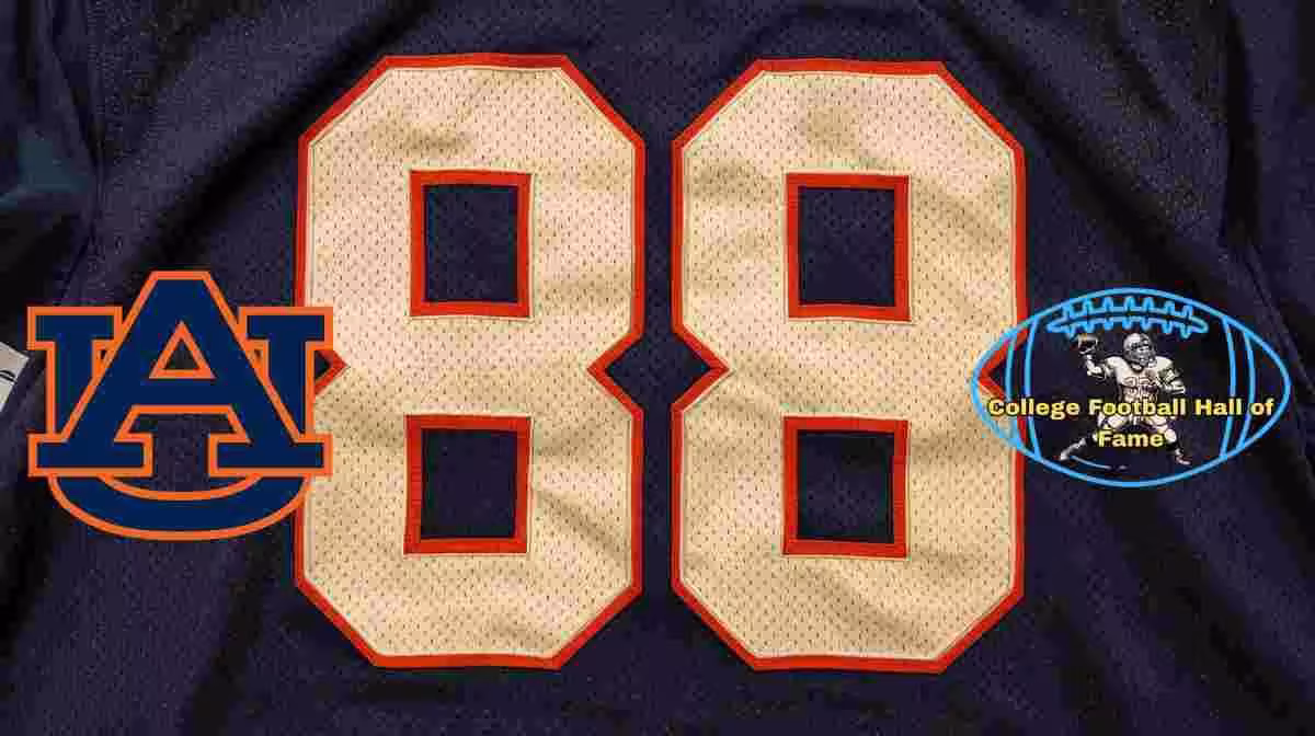 Image of a blue with white numerals Auburn football Jersey number 88 rendering with PD College football HOF emblem.