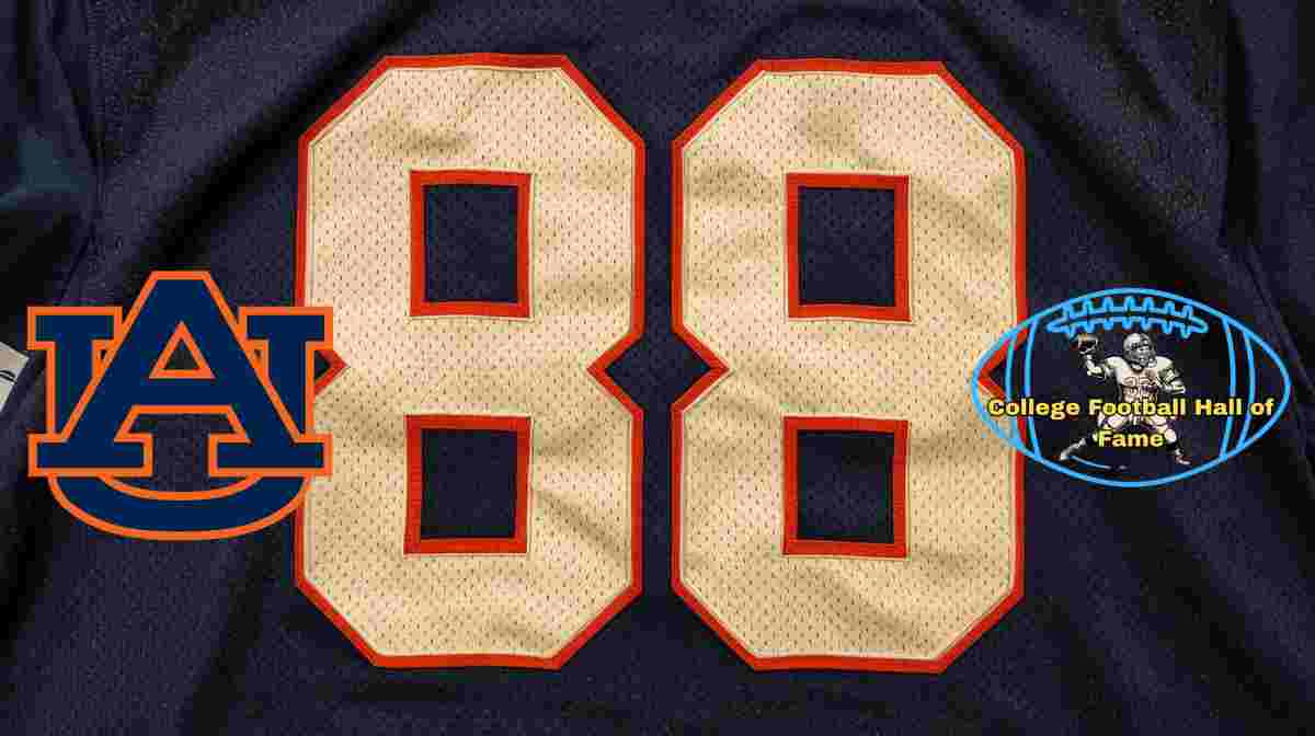 Image of a blue with white numerals Auburn football Jersey number 88 rendering with PD College football HOF emblem.