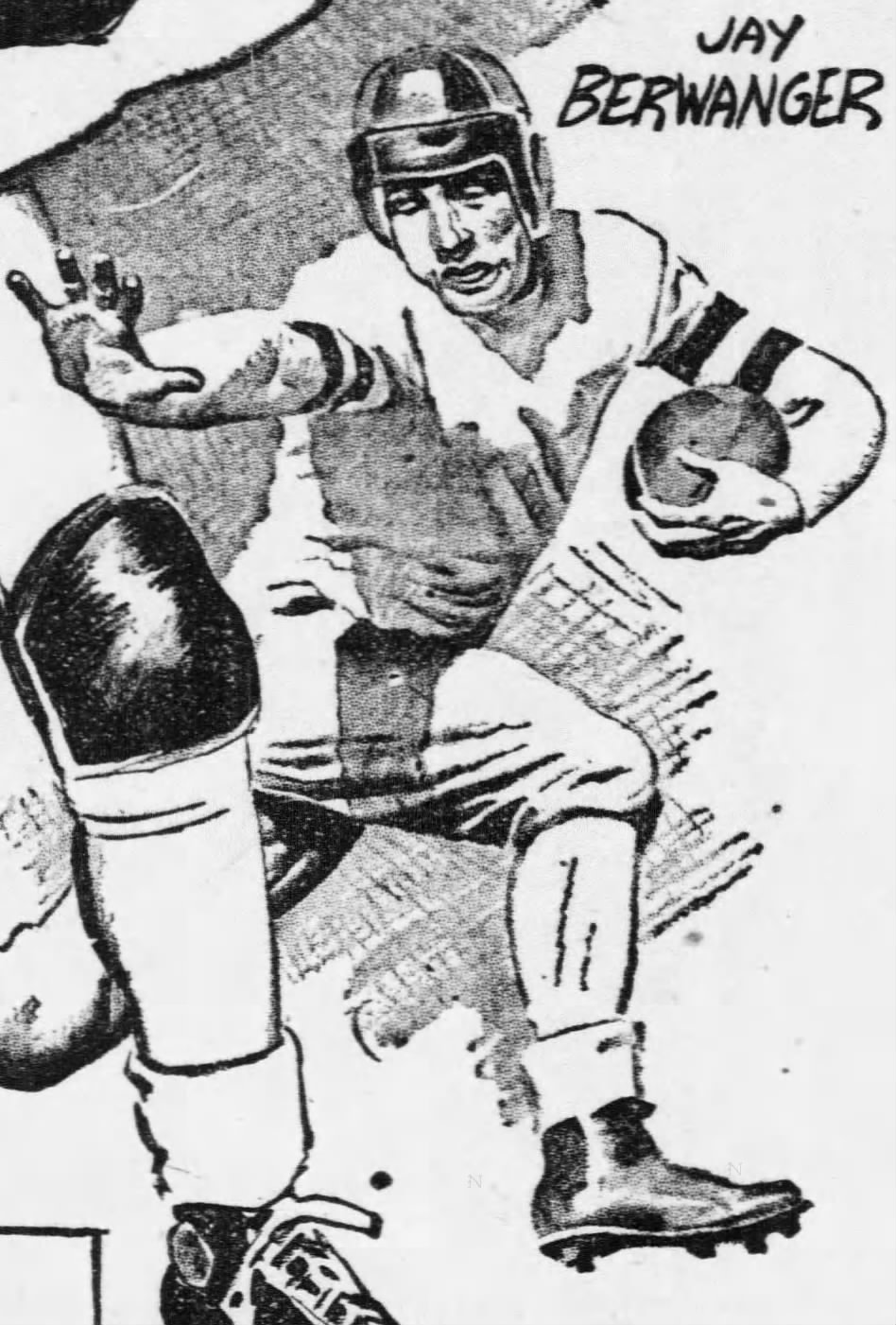 black and white newspaper sketched cartoon image of 1936 gridiron star Jay Berwanger