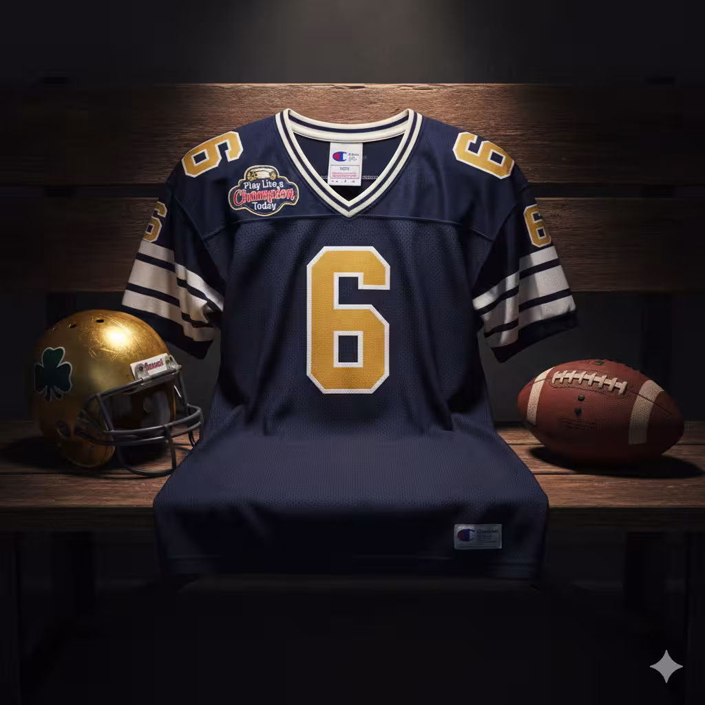 Image of a dark blue Notre Dame football Jersey number 6 with a football helmet and ball.