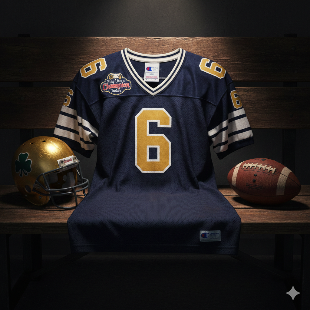 Image of a dark blue Notre Dame football Jersey number 6 with a football helmet and ball.