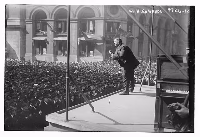 Politician and former player Big Bill Edwards on stage at a political rally in 1918