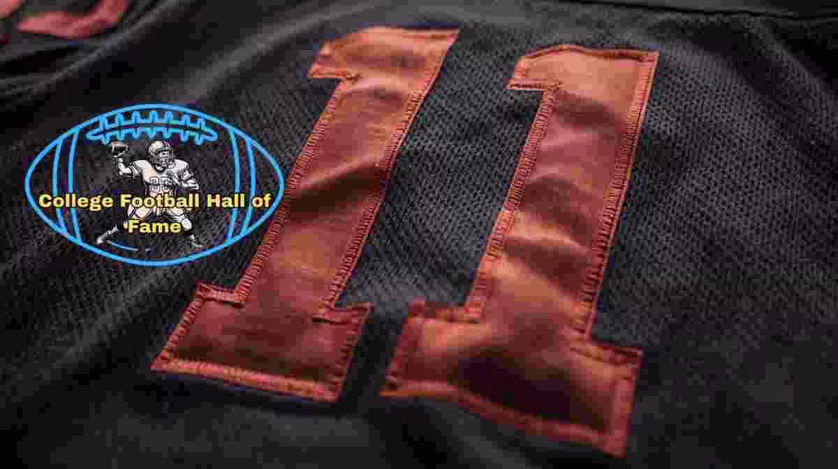 Image of a black with red numerals football Jersey number 11 rendering with PD College football HOF emblem.