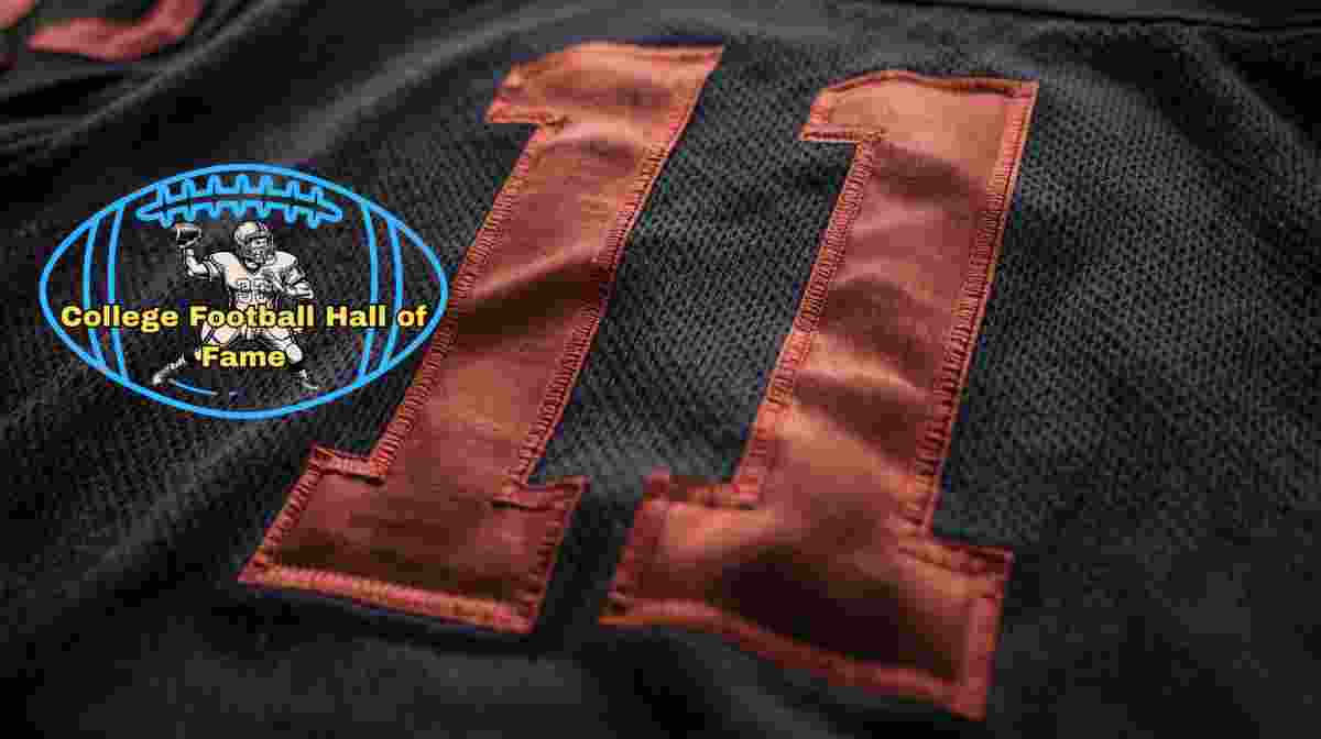 Image of a black with red numerals football Jersey number 11 rendering with PD College football HOF emblem.