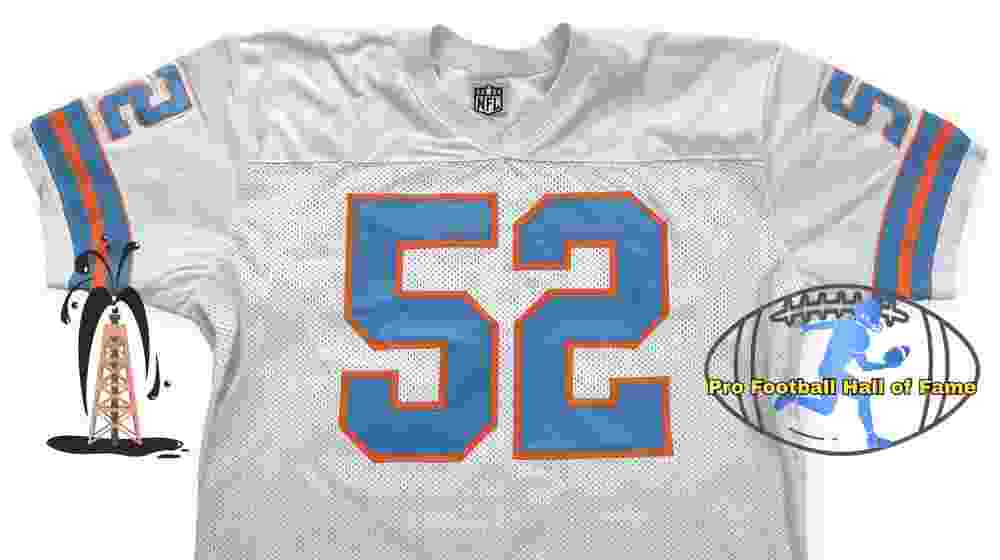 Image of a white with blue numerals Oilers football Jersey number 52 rendering with PD pro football HOF emblem.
