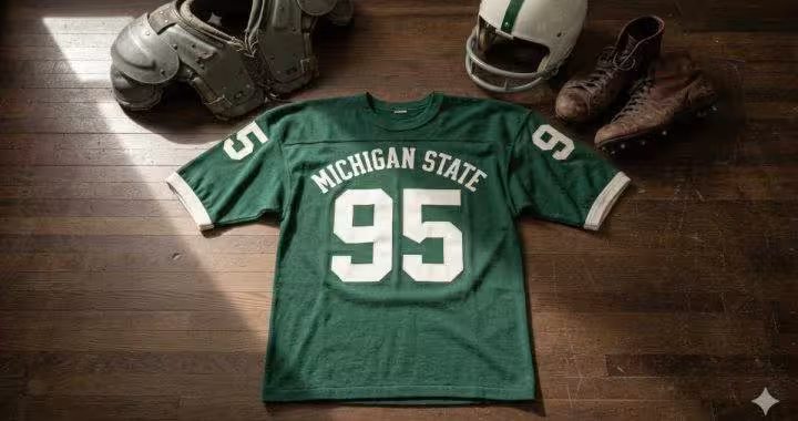 Image of a green Michigan State football Jersey number 59 with a football helmet and old cleats.