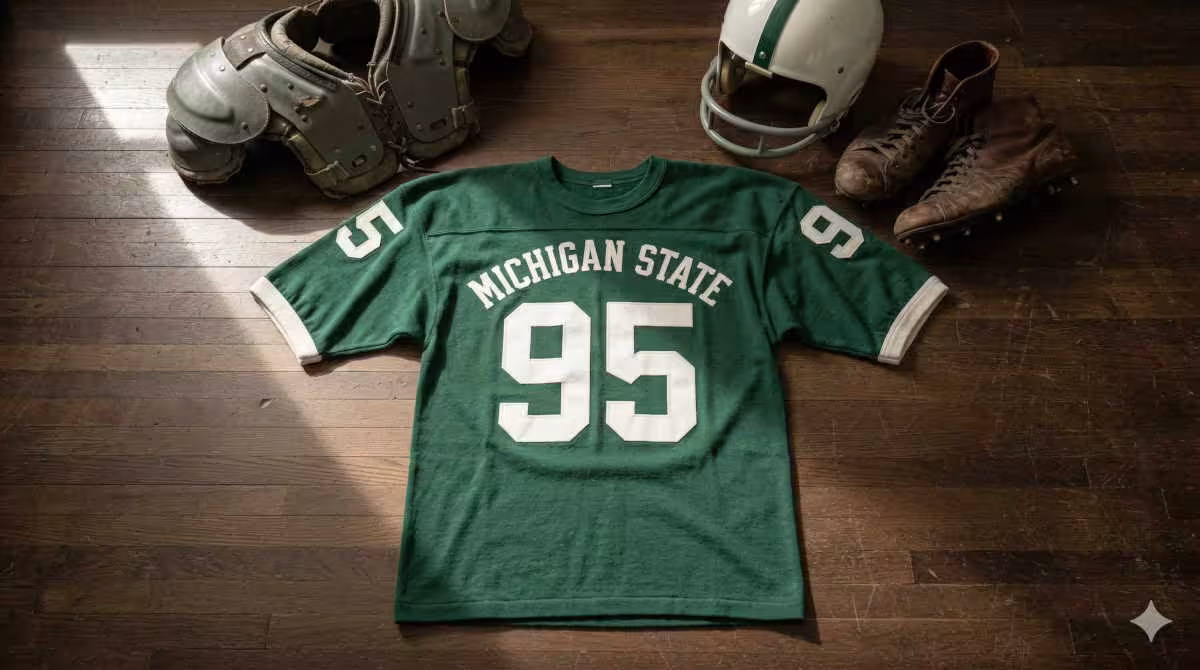 Image of a green Michigan State football Jersey number 59 with a football helmet and old cleats.