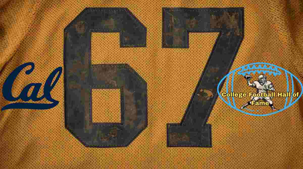 Image of a gold with black numerals Cal football Jersey number 67 rendering with PD College football HOF emblem.