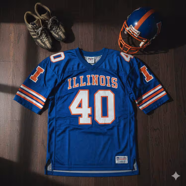 Image of a blue Illinois football Jersey number 40 with a football helmet and old cleats.