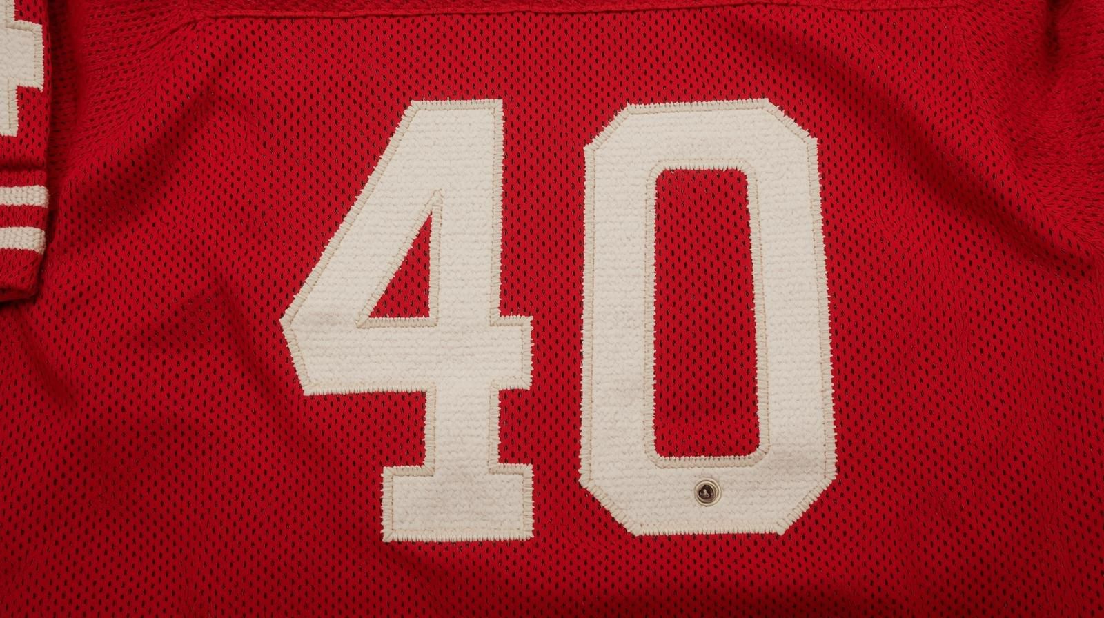 Image of a red with white numerals football Jersey number 40 rendering.