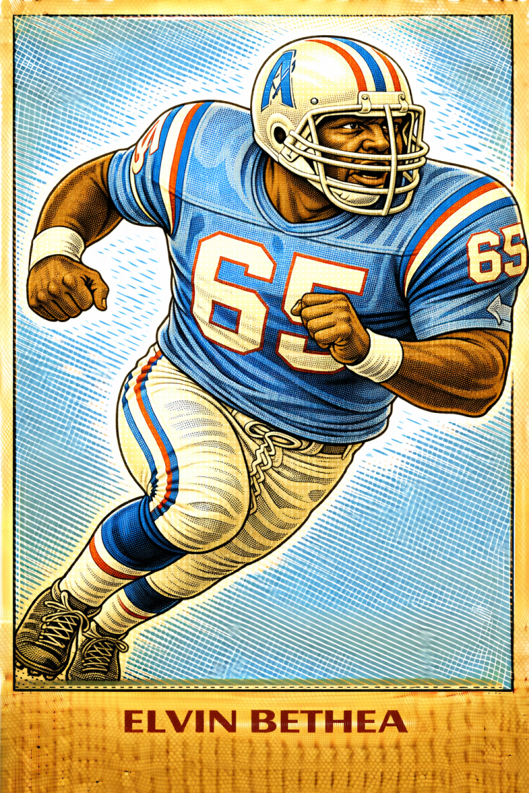 AI image of a football player wearing an Oilers jersey 65 in an action pose