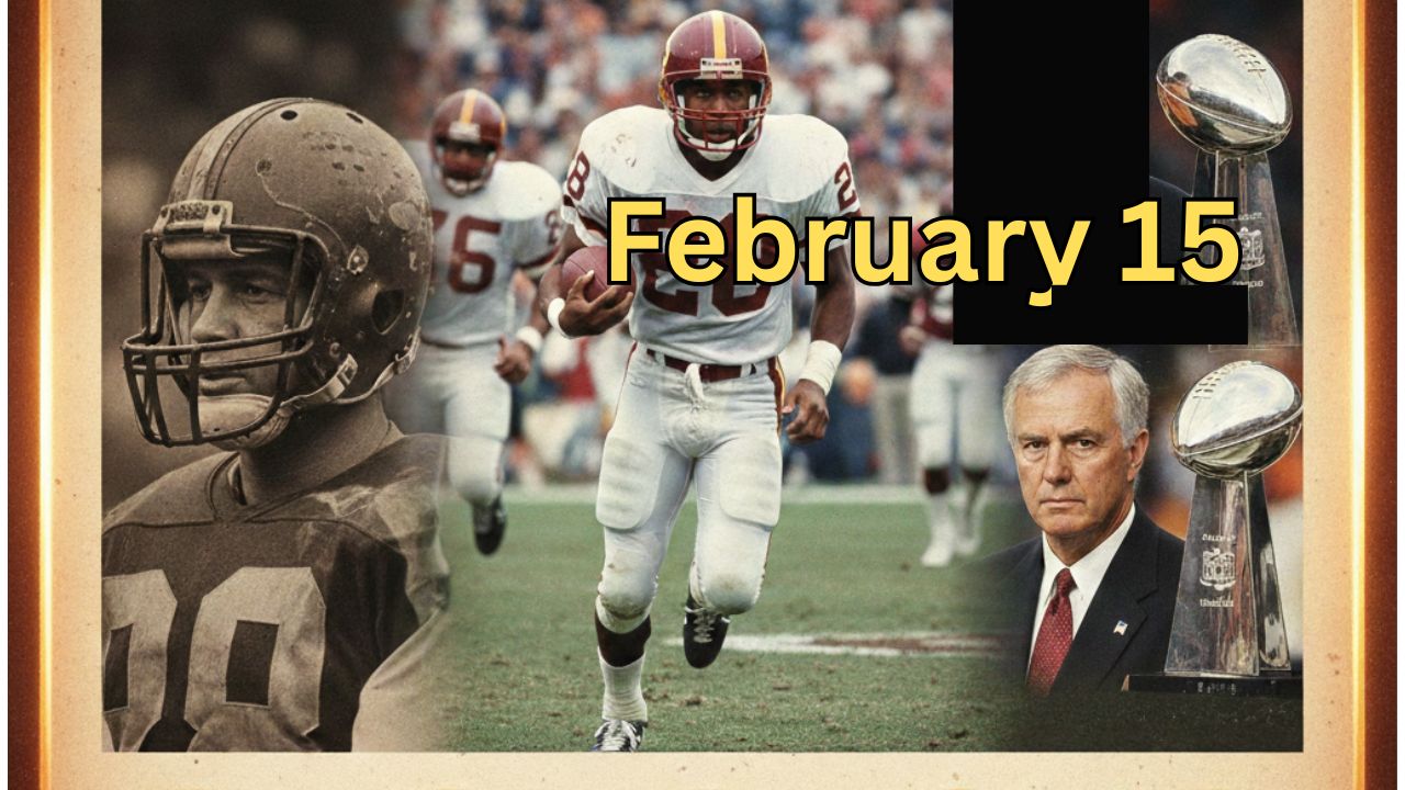 color football montage of gridiron happpenings in the history of February 15 including player images in full gear, an owner figure in a suit and a couple of Lombardi trophy-like images