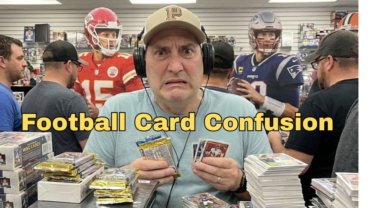 Darin Hayes with a handful of American football trading cards of different eras at a trade card show with cardboard cutouts of Patrick Mahomes and Tom Brady in the background. AI Generated
