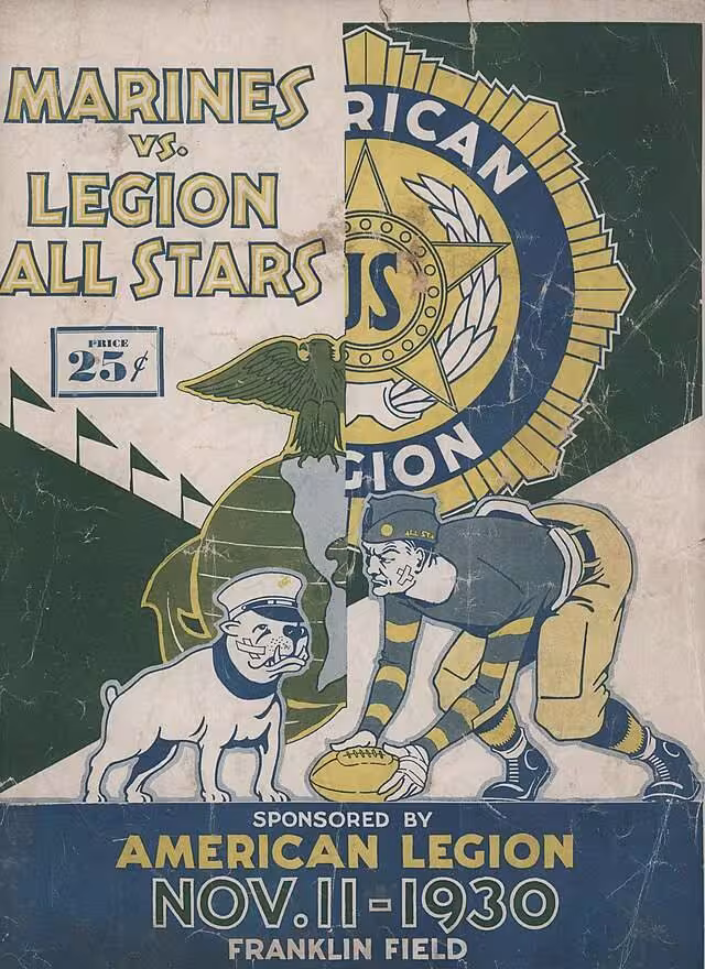 1930 football program cover with a military gridiron flavoe depicint the Marines vs the Legion All-Stars on November 11, 1930. A military man is set as a center opposed by a bulldog in a military cap with the American Legion emblem and that of the US Marine Corp set in the backdround
