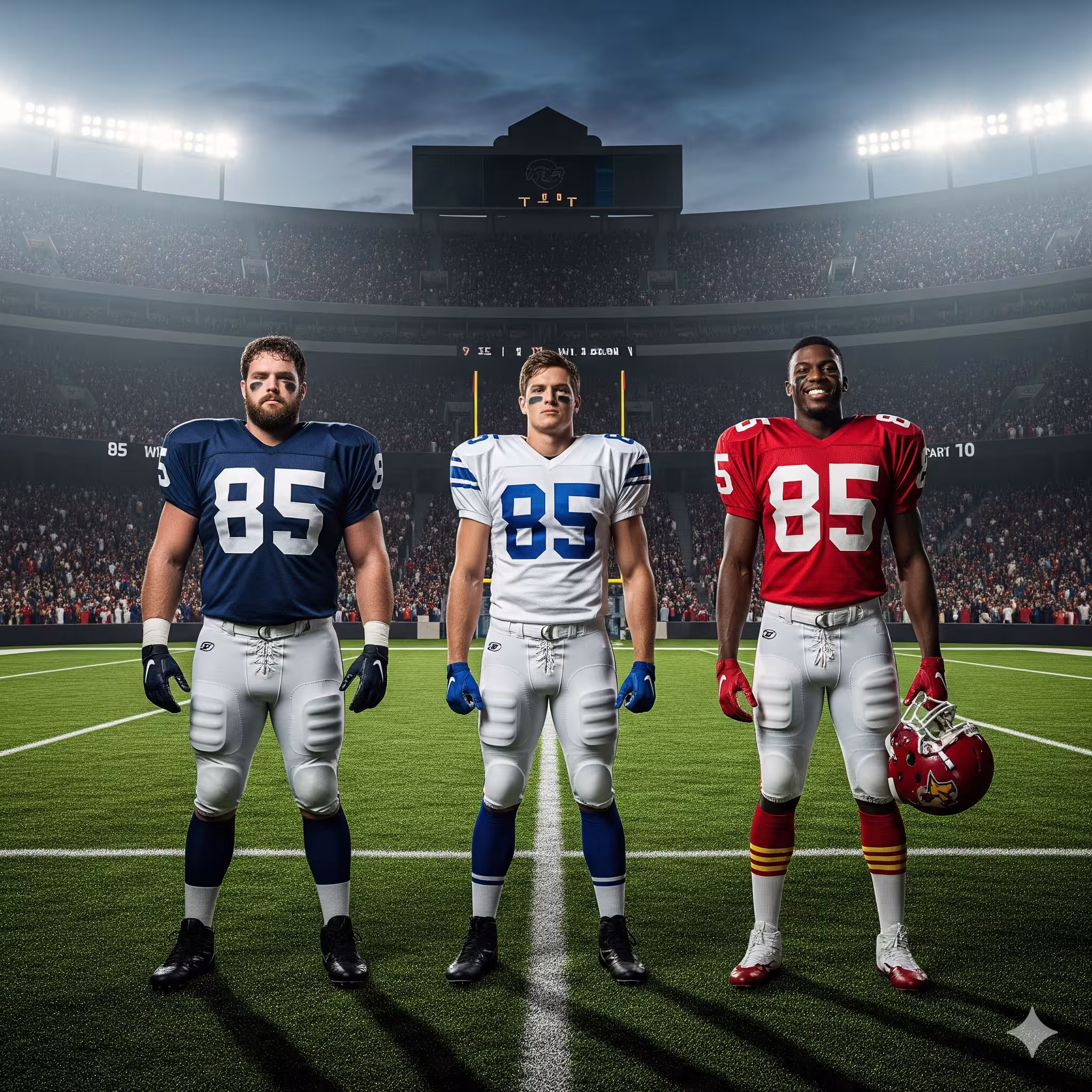 Image of three AI created gridiron players all wearing a number 85 jersey, one in blue, one in white and one in red