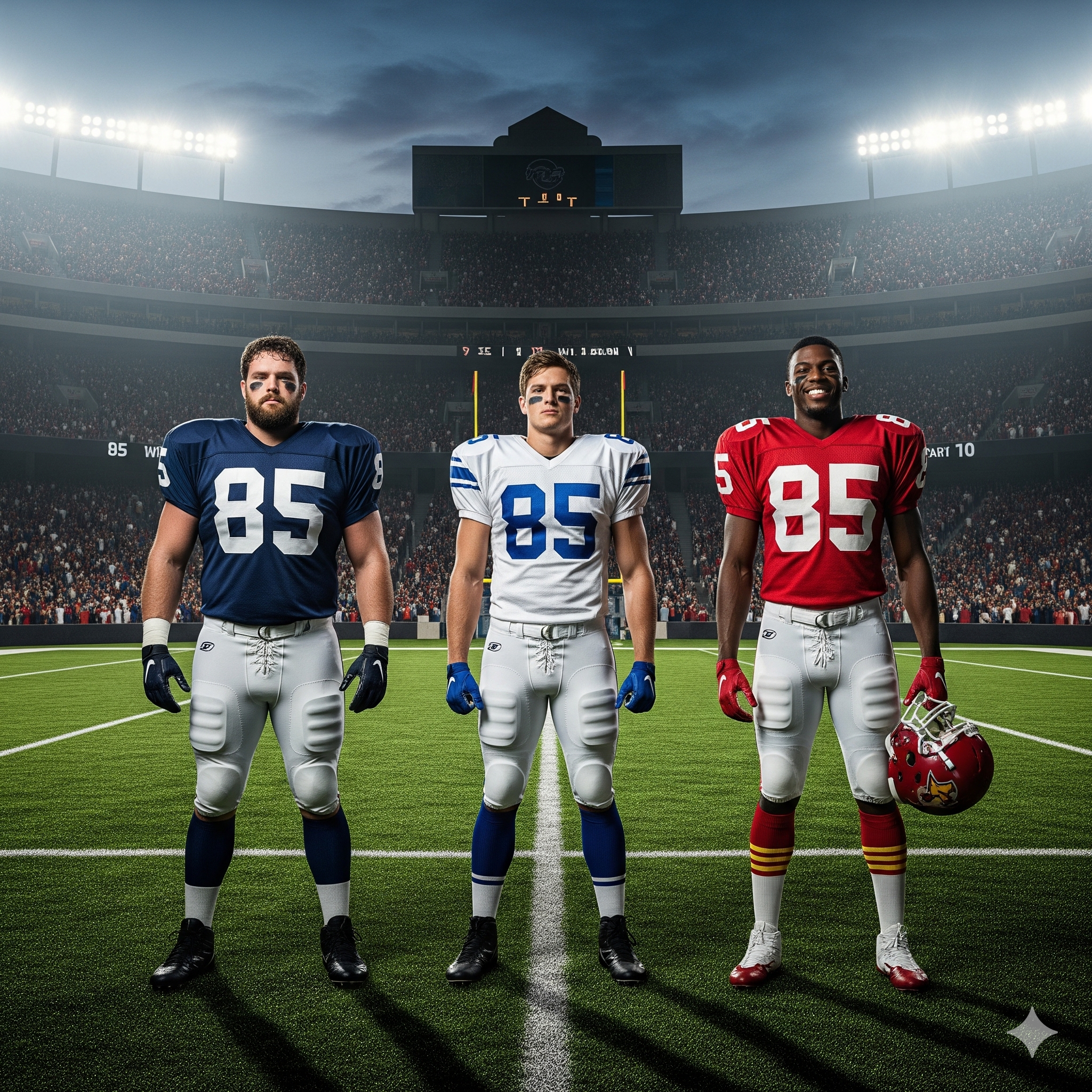 Image of three AI created gridiron players all wearing a number 85 jersey, one in blue, one in white and one in red