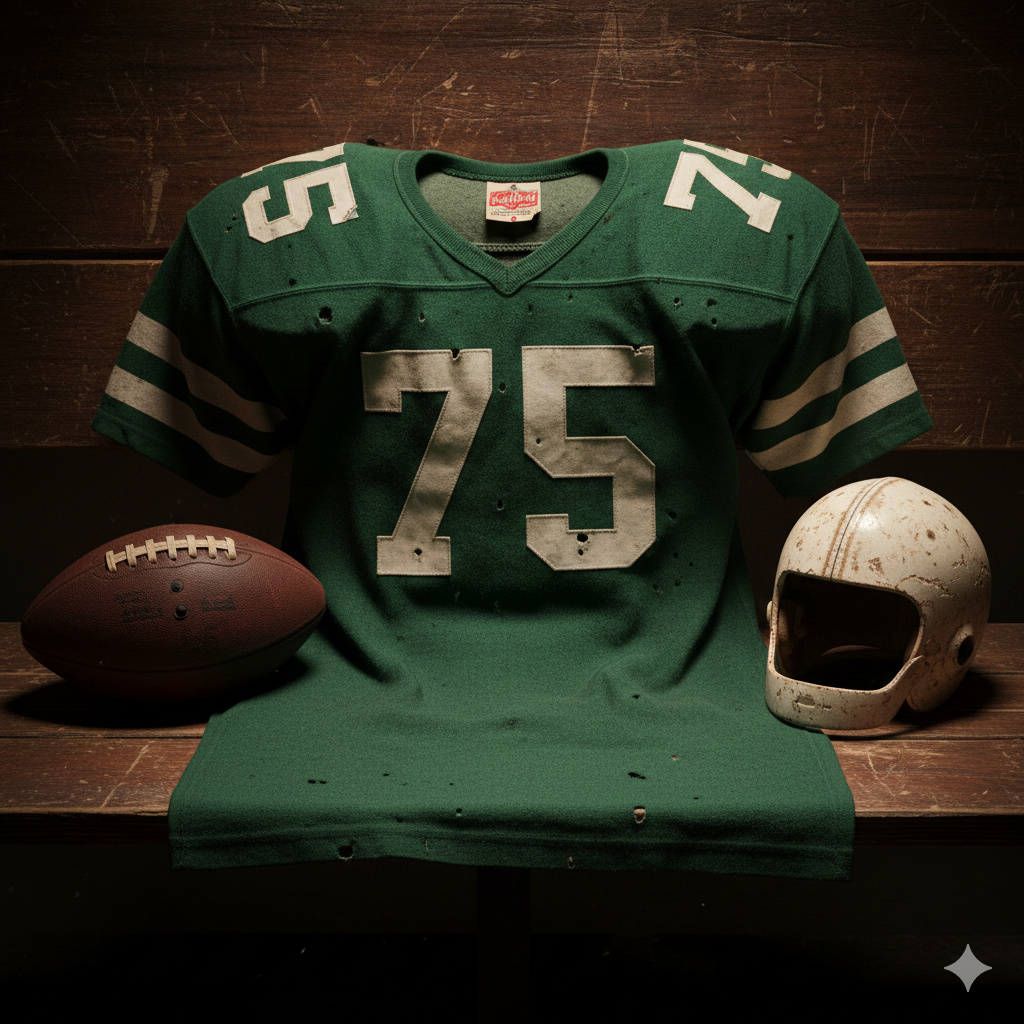 Image of a green football Jersey number 75 with a football helmet and ball.