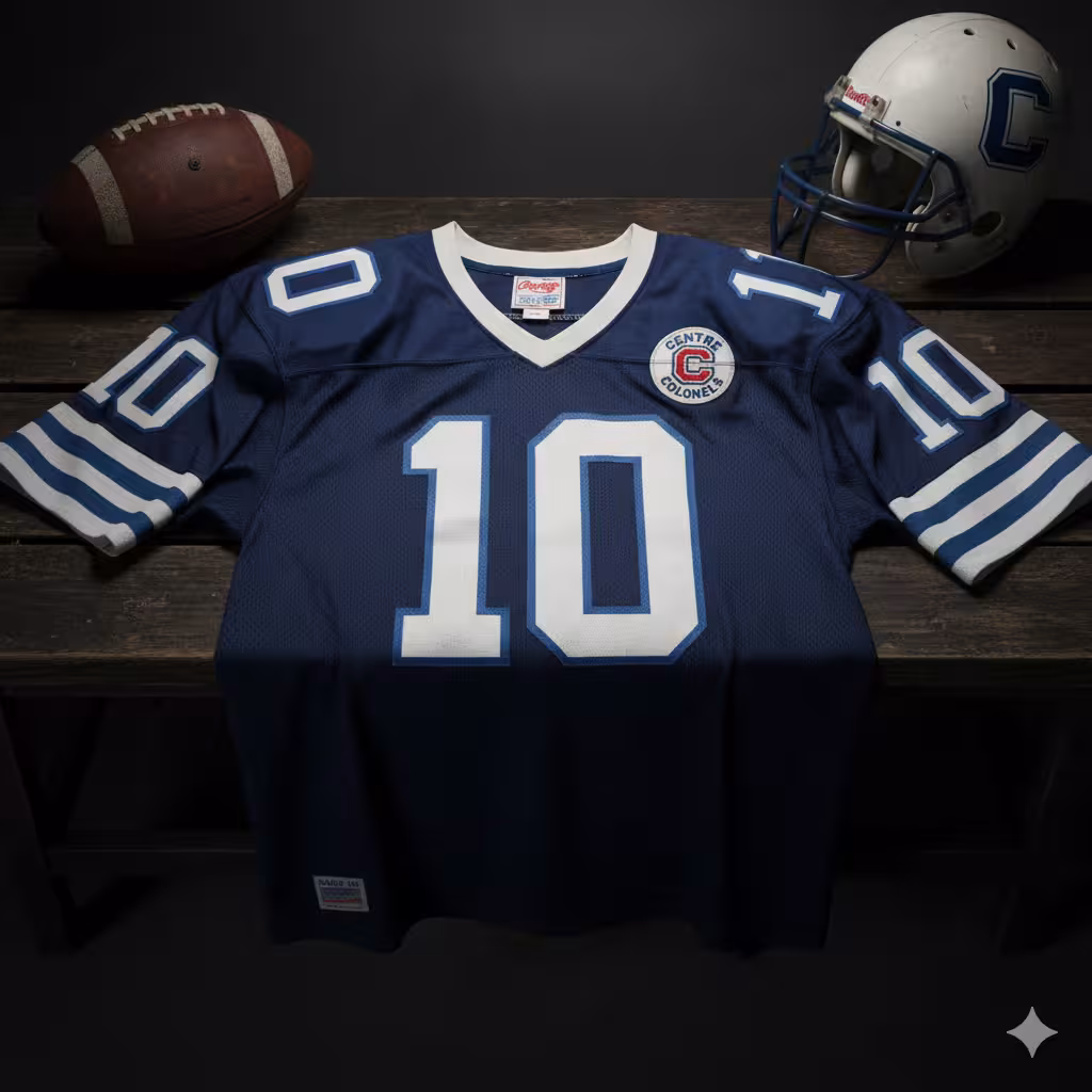 Image of a blue Centre Colonels rendering with football Jersey number 10 with a football helmet and ball.