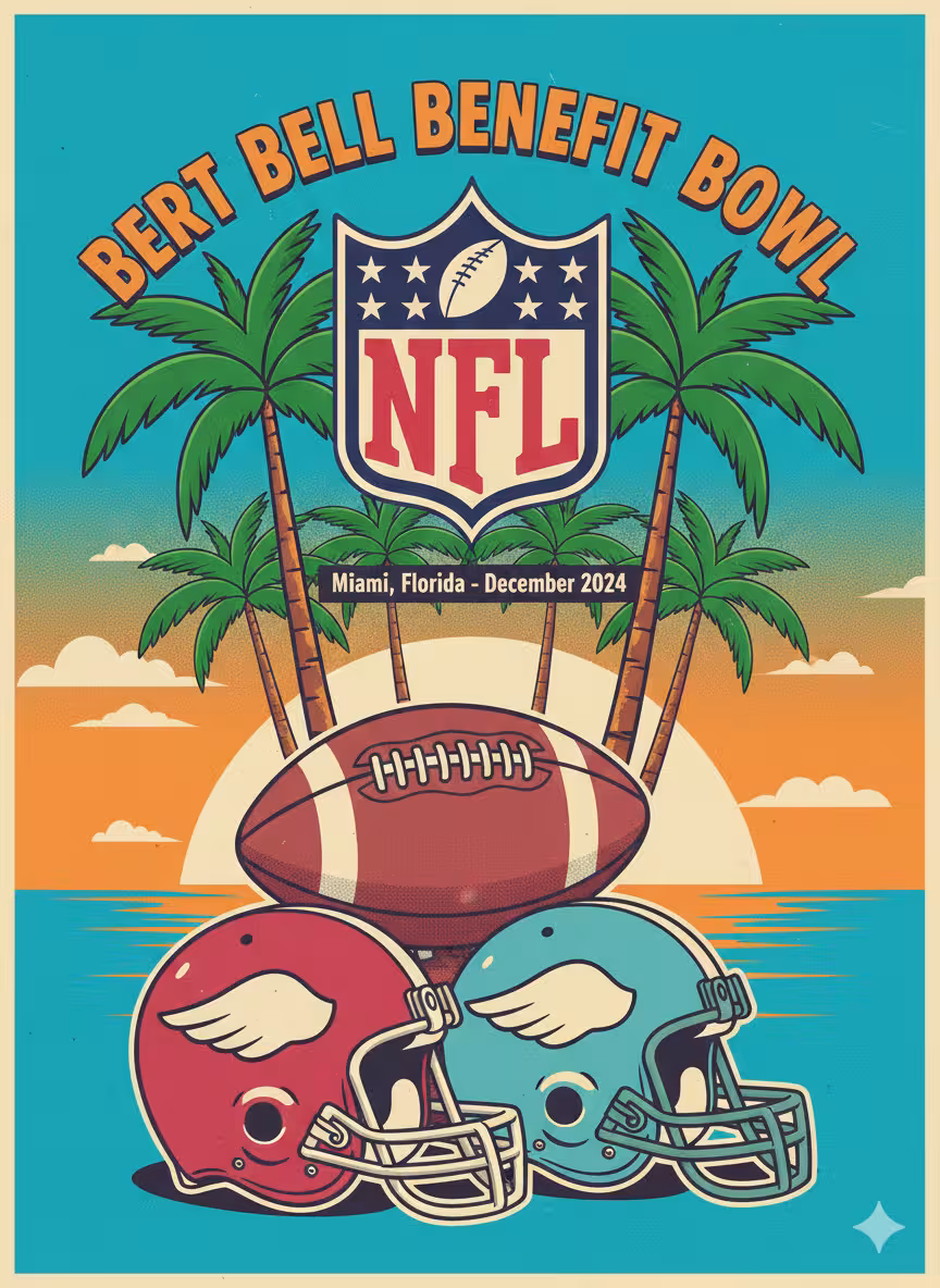 AI generated image of two winged football helmets inf ront of a tropical island with wording "Bert Bell Benefit Bowl" Dec 24