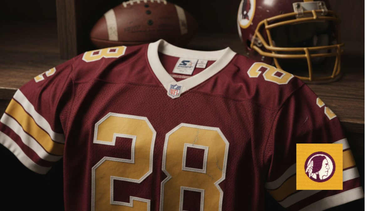 Image of a red Washington NFL football Jersey number 28 rendering with a football helmet and ball.