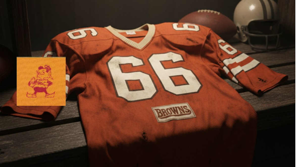 Image of a Orange Browns football Jersey number 66 rendering with a football helmet and ball and old Cleveland Brownies logo.