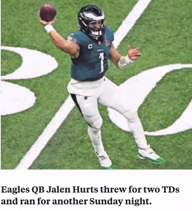 color newspaper image of Philadelphia QB Jalen Hurts throwing a pass 2025