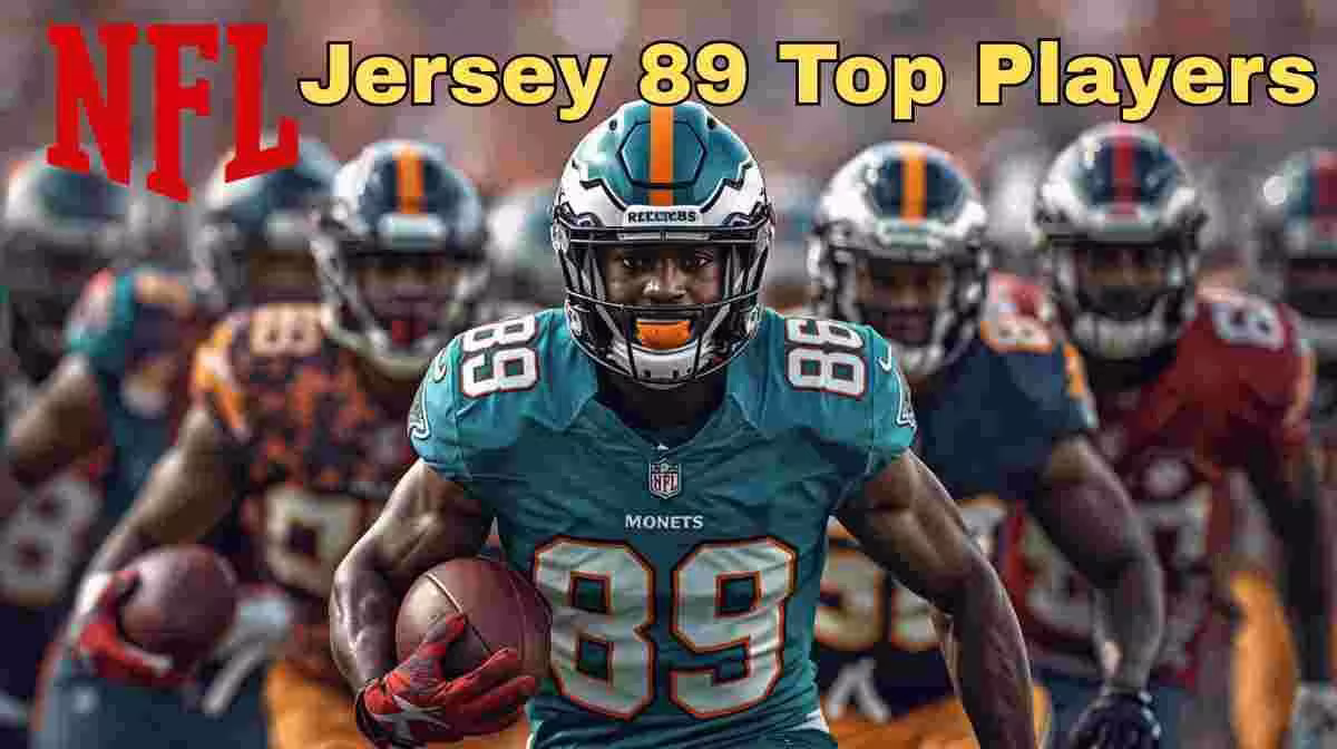 AI generated image of American football players in a football action pose wearing different colored number 89 jerseys.