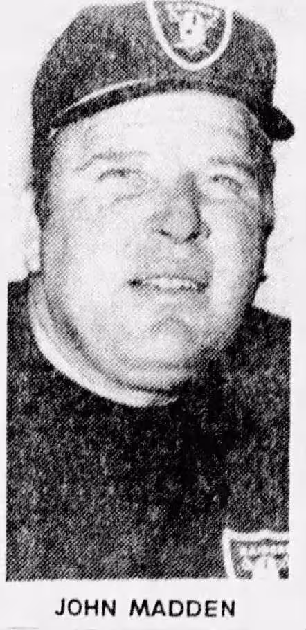 black and white newspaper image of Raiders coach John Madden, 1969