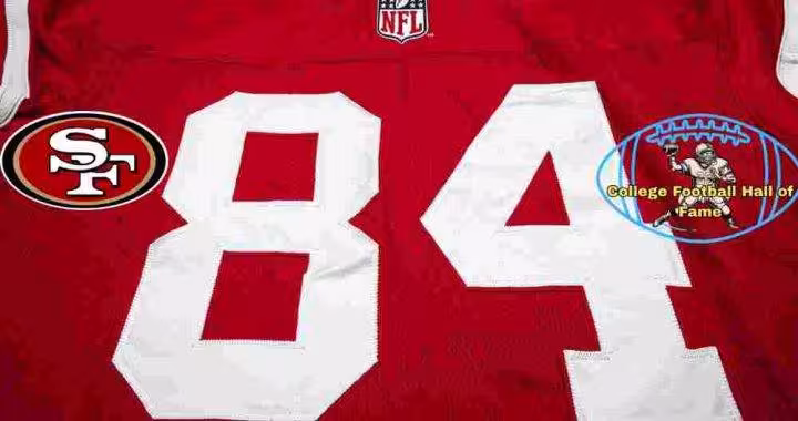 Image of a red with white numerals 49ers football Jersey number 84 rendering with PD College football HOF emblem.