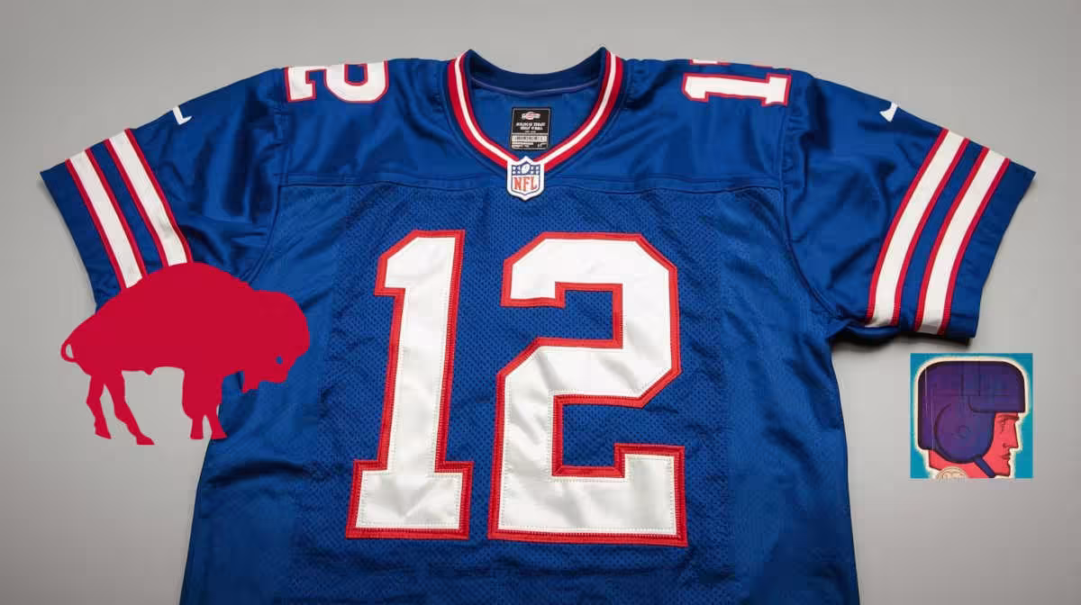 Image of a Blue Buffalo football Jersey number 12 rendering with old red Bison, and square head player logos