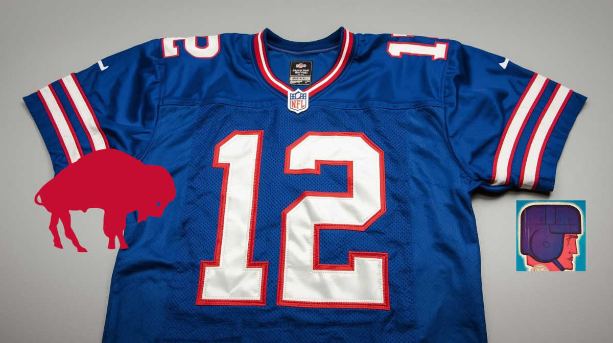 Image of a Blue Buffalo football Jersey number 12 rendering with old red Bison, and square head player logos