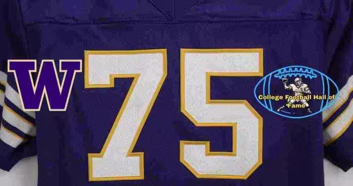 Image of a purple with white numerals Washington Husky football Jersey number 75 rendering with PD College football HOF emblem.