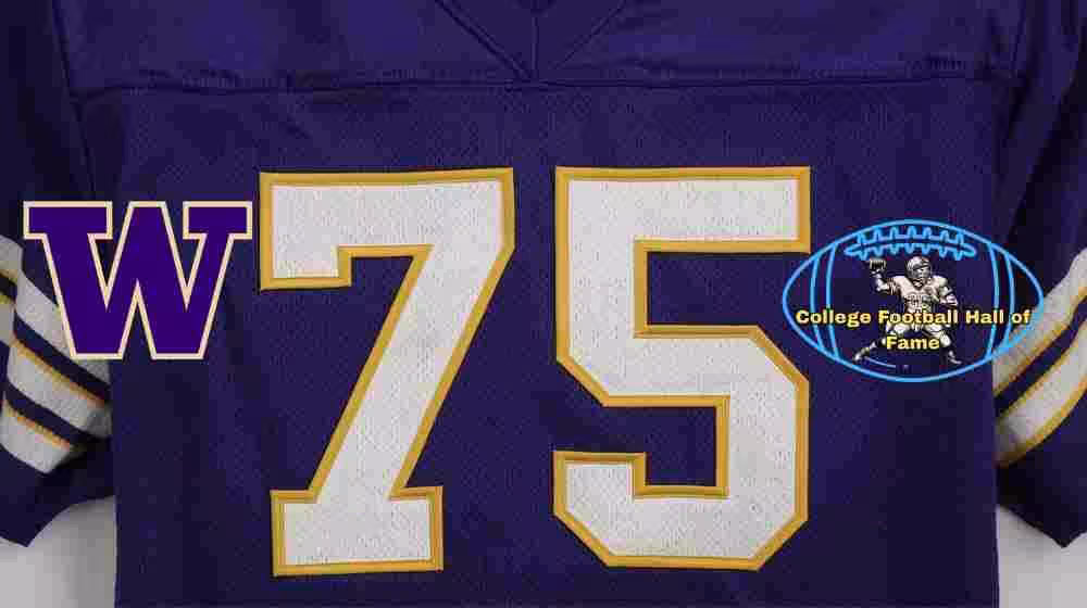 Image of a purple with white numerals Washington Husky football Jersey number 75 rendering with PD College football HOF emblem.