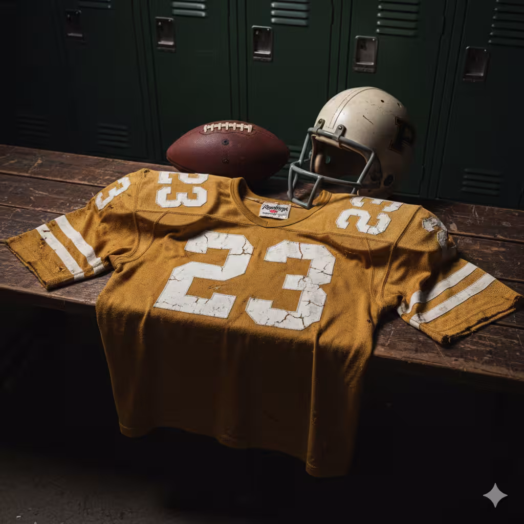 Image of an orange football Jersey number 23 with a football helmet and ball.
