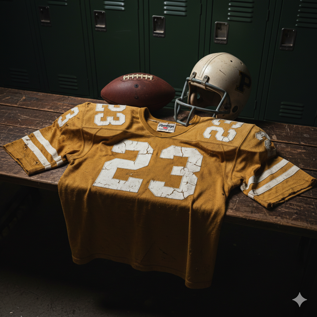 Image of an orange football Jersey number 23 with a football helmet and ball.