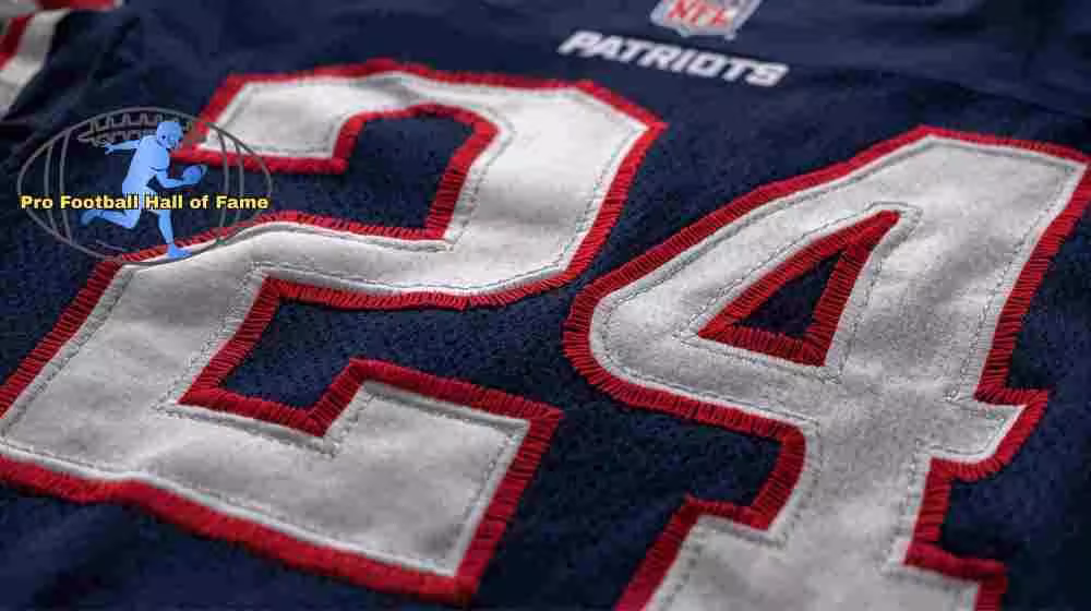 Image of a blue with white numerals Patriots football Jersey number 24 rendering with PD pro football HOF emblem.