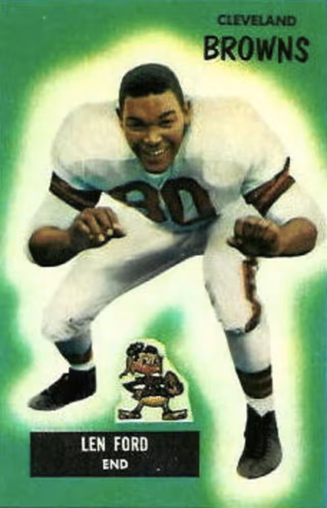 colorful action pose of Len Ford, American football defensive end, on a 1955 Bowman football card with a Cleveland Browns "Brownie" logo