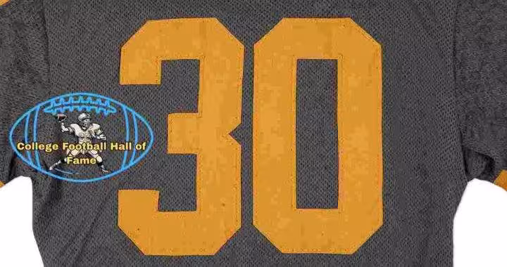 Image of a blue with gold numerals Nebraska football Jersey number 30 rendering with PD College football HOF emblem.